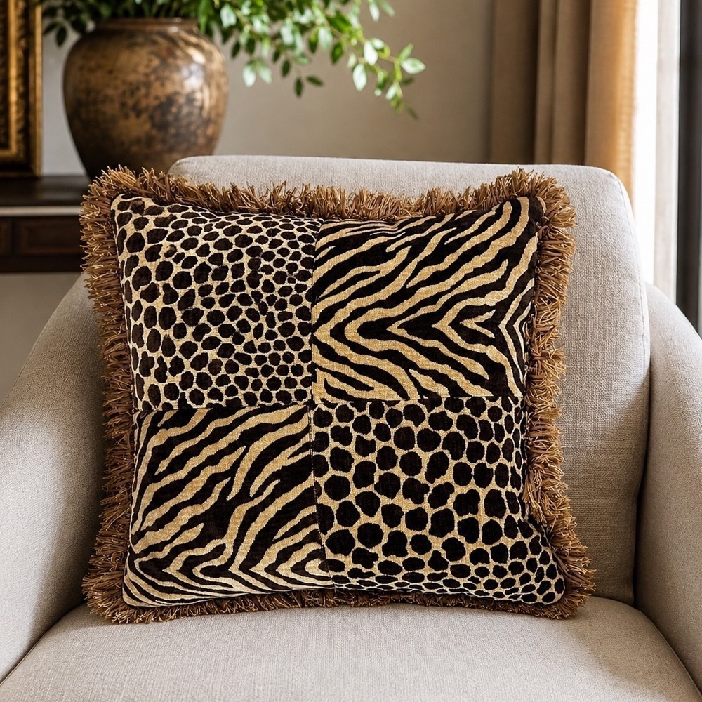 Safari Animal Print Throw Pillow Chenille Zebra Leopard Patchwork Fringe 19in